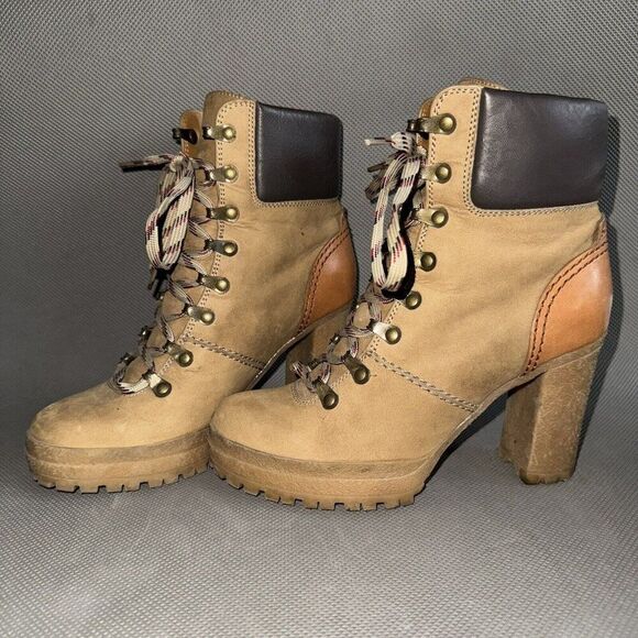 See by Chloe Eileen Tan Lace Up Block Heel Logger Style Boots Shoes Size 38 US 8 - Picture 1 of 8